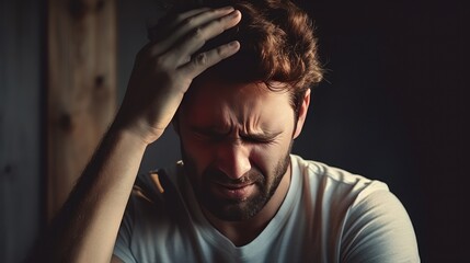 Young male holding his head in home environment. Headache and tiredness. Depressive state. Poor health and symptoms of a cold