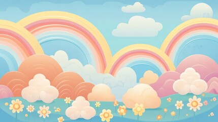 Fototapeta premium Vintage, funky background featuring clouds. flowers and rainbows with waves. Vibrant hues and a charming, retro vector design with abstract forms