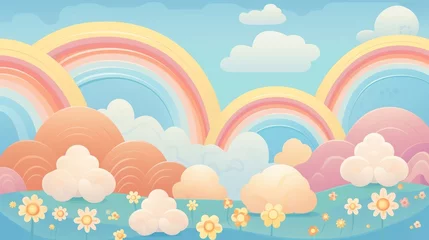 Foto op Canvas Vintage, funky background featuring clouds. flowers and rainbows with waves. Vibrant hues and a charming, retro vector design with abstract forms © Suleyman