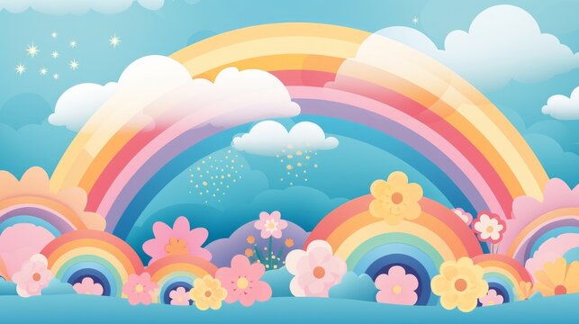 Fototapeta Vintage, funky background featuring clouds. flowers and rainbows with waves. Vibrant hues and a charming, retro vector design with abstract forms