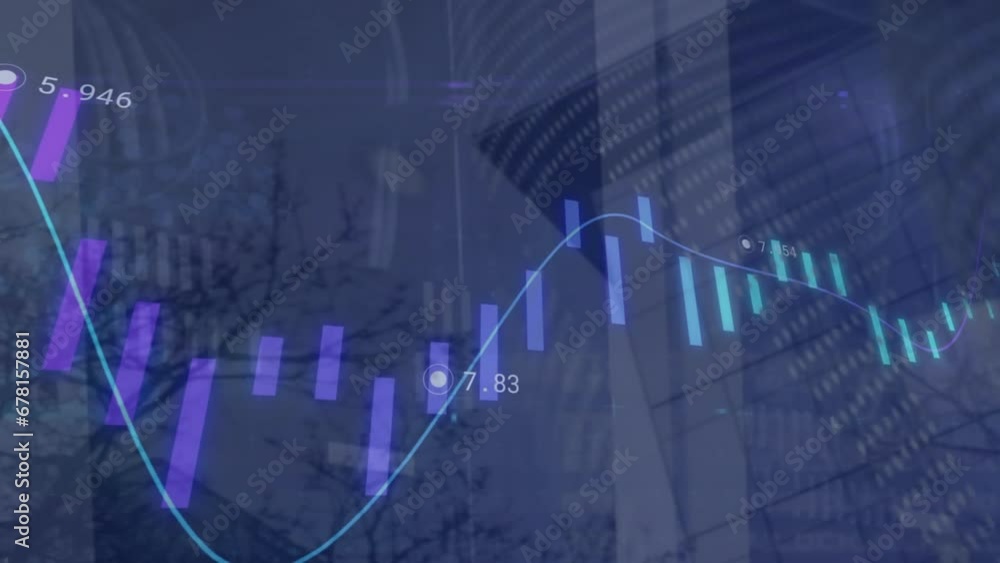 Poster animation of data processing and spinning globe against low angle view of tall building