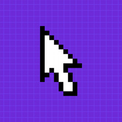 Pixel pointer of a computer mouse on a bright purple background. Arrow icon, illustration in 8-bit retro game style, controller.