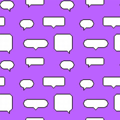Fototapeta premium Seamless pattern of pixelated dialog boxes in 8-bit style on a bright purple background. Pop-up dialogue clouds of different shapes and sizes, elements of a retro game.