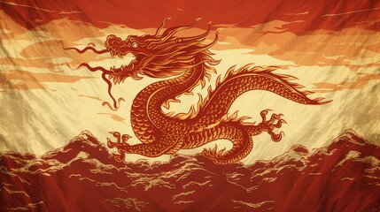 Illustration of a flag in red, orange and yellow colors with a red dragon in the background. Image generated with AI.