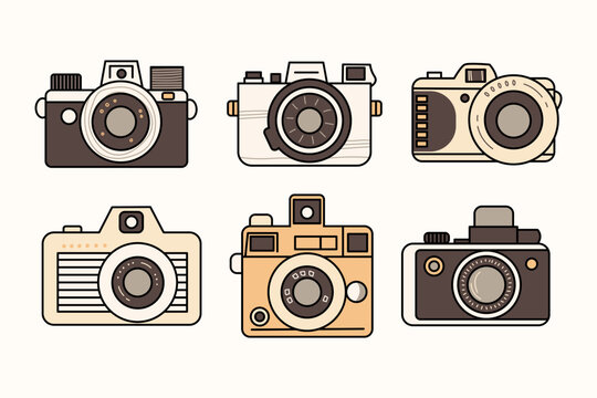 Clipart set of retro cameras isolated on a light background. Playful vintage film cameras in sepia tones.