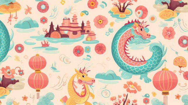 
Children's illustration with asian elements on pastel color background for Happy Chinese New Year of the Dragon. Wallpaper. Pattern. Image generated with AI.
