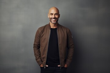 Fototapeta premium Portrait of a smiling man in his 40s wearing a trendy bomber jacket against a modern minimalist interior. AI Generation