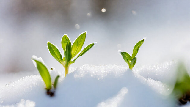 Fototapeta The first sprouts of new life in spring, snowdrop flowers growing in the snow, green plant leaves in springtime
