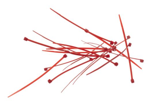 Plastic Cable tie in red to hold cable together or wrap around things for electrician, maintenance, repair man. Close up Plastic Cable tie small size, white background isolated