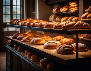 a bakery counter with fresh bread a variety of mouthwatering bread loaves, buns, rolls, and baguettes