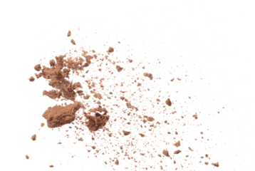 Cocoa powder fall fly in mid air, Cocoa powder floating explosion. Cocoa powder Chocolate chip crunch throw in air. White background isolated freeze motion high speed shutter