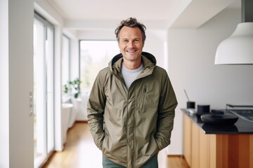 Portrait of a merry man in his 40s wearing a lightweight packable anorak against a modern minimalist interior. AI Generation