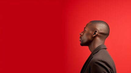 African American businessman in side profile with a crimson backdrop and copy space. informal business, office idea, and technology