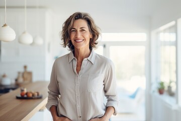 Portrait of a satisfied woman in her 50s sporting a vented fishing shirt against a modern minimalist interior. AI Generation