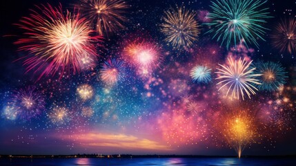Fototapeta na wymiar Colorful fireworks on night sky background with bokeh effect.