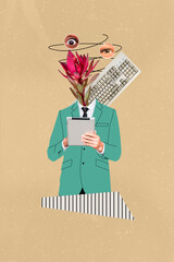Magazine comics collage of unknown unusual man use modern device eye supervision isolated on...