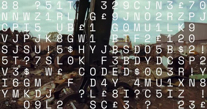 Animation of data processing against hydraulic lifting machine with claw attachment at junkyard