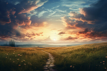 Road to the sky and meadow, aesthetic look