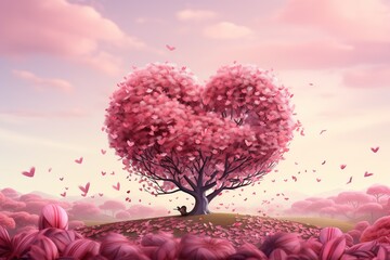 Valentine's day background with heart shaped tree and flying hearts, Ai Generated