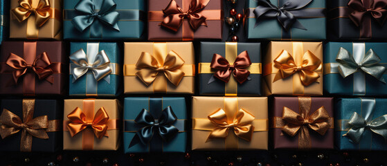 Gift boxes with gold bows and ribbons on a dark background.