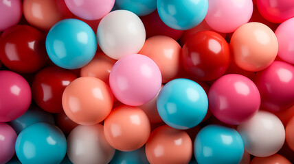 many colorful rubber balls in row