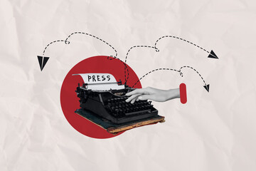 Composite photo retro concept collage advert of vintage mechanical keyboard author typewriter press...