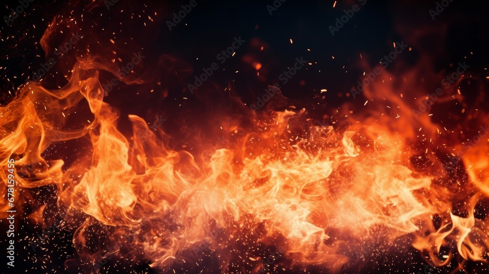 Wall mural black background with flaming sparks. sparks flying from a fire flame. hot coals in the fire shoot f