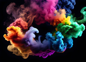Rainbow color smoke against a black background. Generative AI