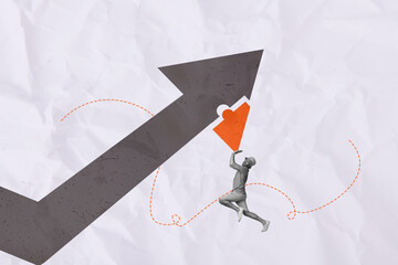 Collage of young ambitious successful businessman add last piece arrow increase results till the...