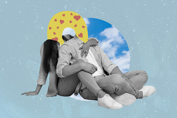 Sketch picture collage of beautiful weird faceless couple cuddling enjoying time together isolated...