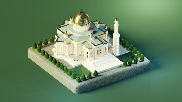 Isometric view of mosque with minaret and green park model. 3d isometric loop