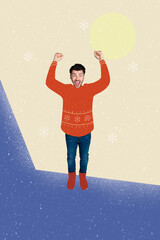 Vertical collage image of overjoyed glad guy raise fists shout yes hooray snowflakes snowfall...