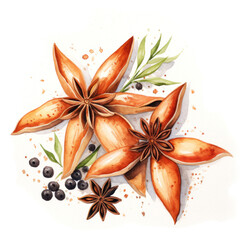 Watercolor painting of star anise with rosemary branches and berries on white background. Winter holidays decoration