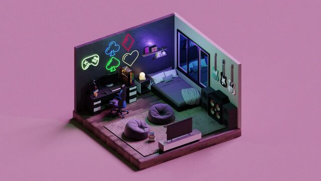 Bedroom gamer room with neon light. 3D isometric animation render