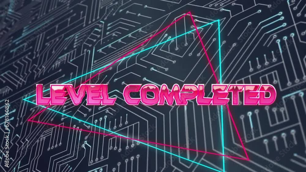 Poster animation of level completed text over neon pattern and circuit board