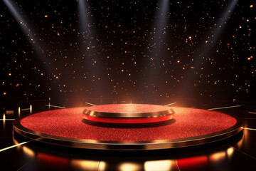 Golden red stage base with bright spotlight rays in night concert hall on shimmering background. Music award concept