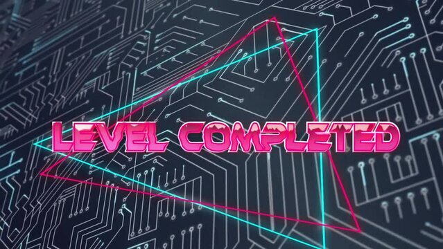 Animation of level completed text over neon pattern and circuit board