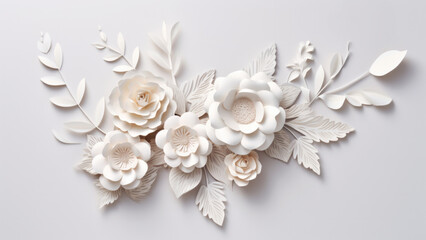 Obraz na płótnie Canvas Elegant composition of white paper flowers and leaves on minimal light background. Nature decor concept
