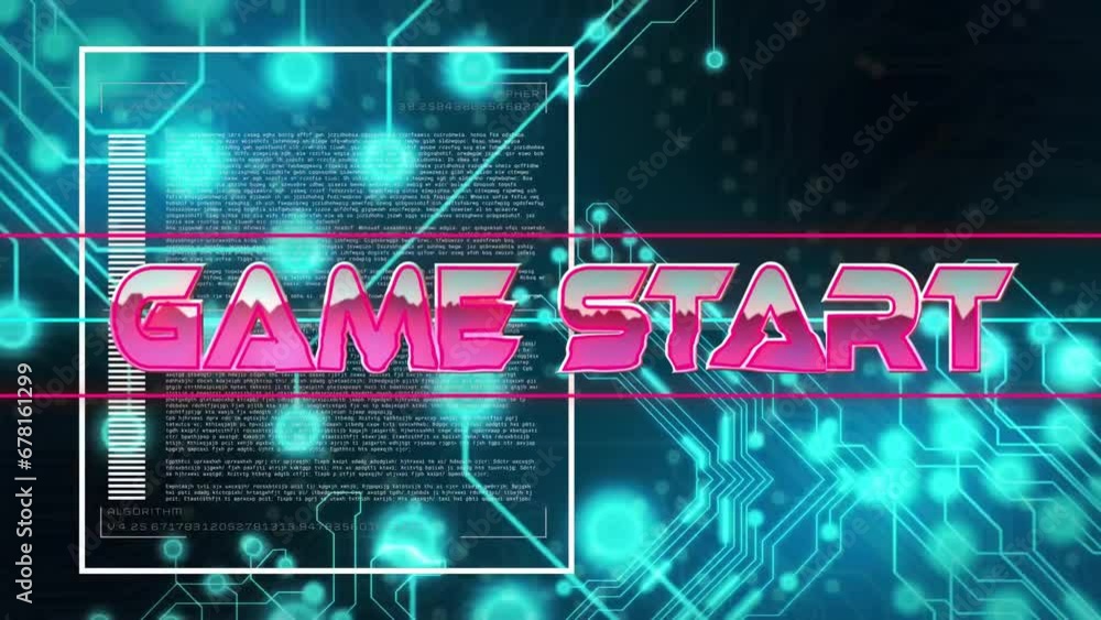 Poster animation of game start text over neon pattern and circuit board