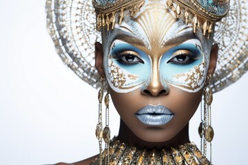 Portrait closeup Beauty fantasy african woman face in gold paint. Golden shiny skin. Fashion model girl goddess fashion posing. Ethnic modern turban on her head. Professional metallic makeup