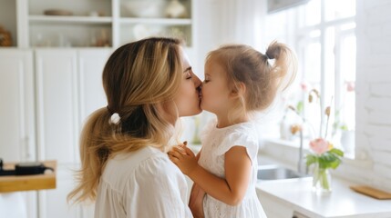 Young beautiful woman mom kisses her little daughter 5 years old in the bright kitchen of the house . Parent and child in a family warm relationship . Mother's Day 