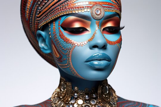 Portrait closeup Beauty fantasy african woman face in gold paint. Blue shiny skin. Fashion model girl goddess hand fingers posing. Ethnic turban head, jewellery necklace. Professional metallic makeup