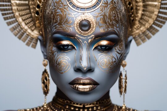 Art Portrait closeup Beauty fantasy african woman face in gold paint. Golden metallic shiny skin hand. Fashion model girl. Crown gold. Professional glamour makeup Gold jewellery, jewelry, accessories