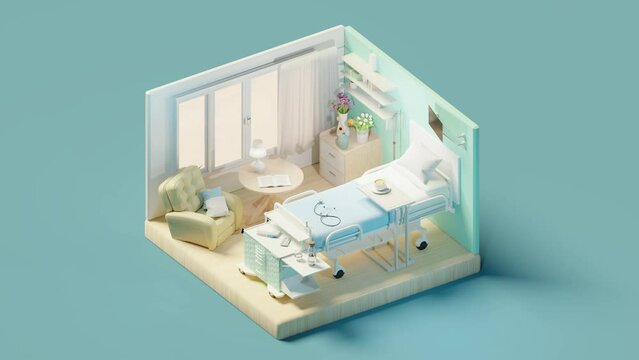 3D rendering of modern room in hospital. Isometric view and seamless loop animation