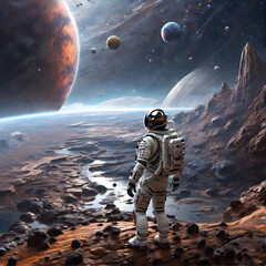 Fototapeta na wymiar Astronaut in futuristic suit explores cosmic beauty.