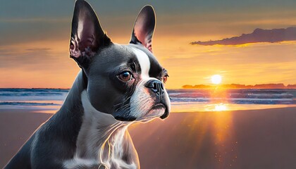 Boston terrier puppy at golden hour sunset on beach - obrazy, fototapety, plakaty