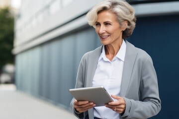 Portrait of smiling senior businesswoman using laptop , standing posing near a modern office, happy confident middle-aged female employee or CEO look aside show confidence and success at workplace