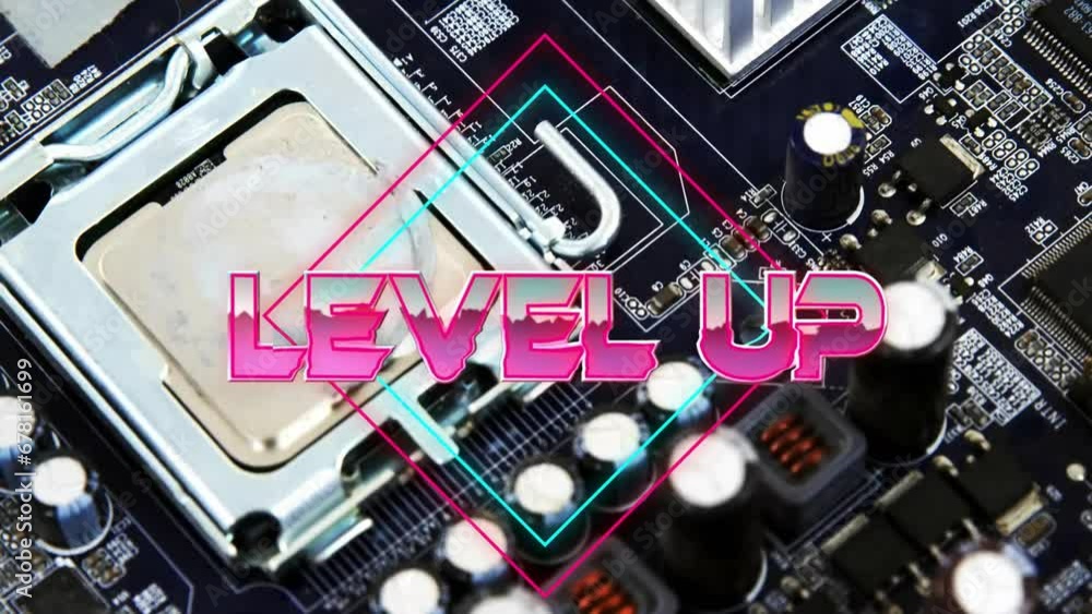 Poster animation of level up text over neon pattern and circuit board