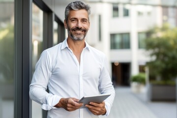 Cheerful businessman using tablet computer. Real estate agent front of new building 