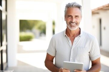 Mature smiling man  standing with tablet in front of a new house . A real estate agent offers his services in buying and selling homes . Professional construction 